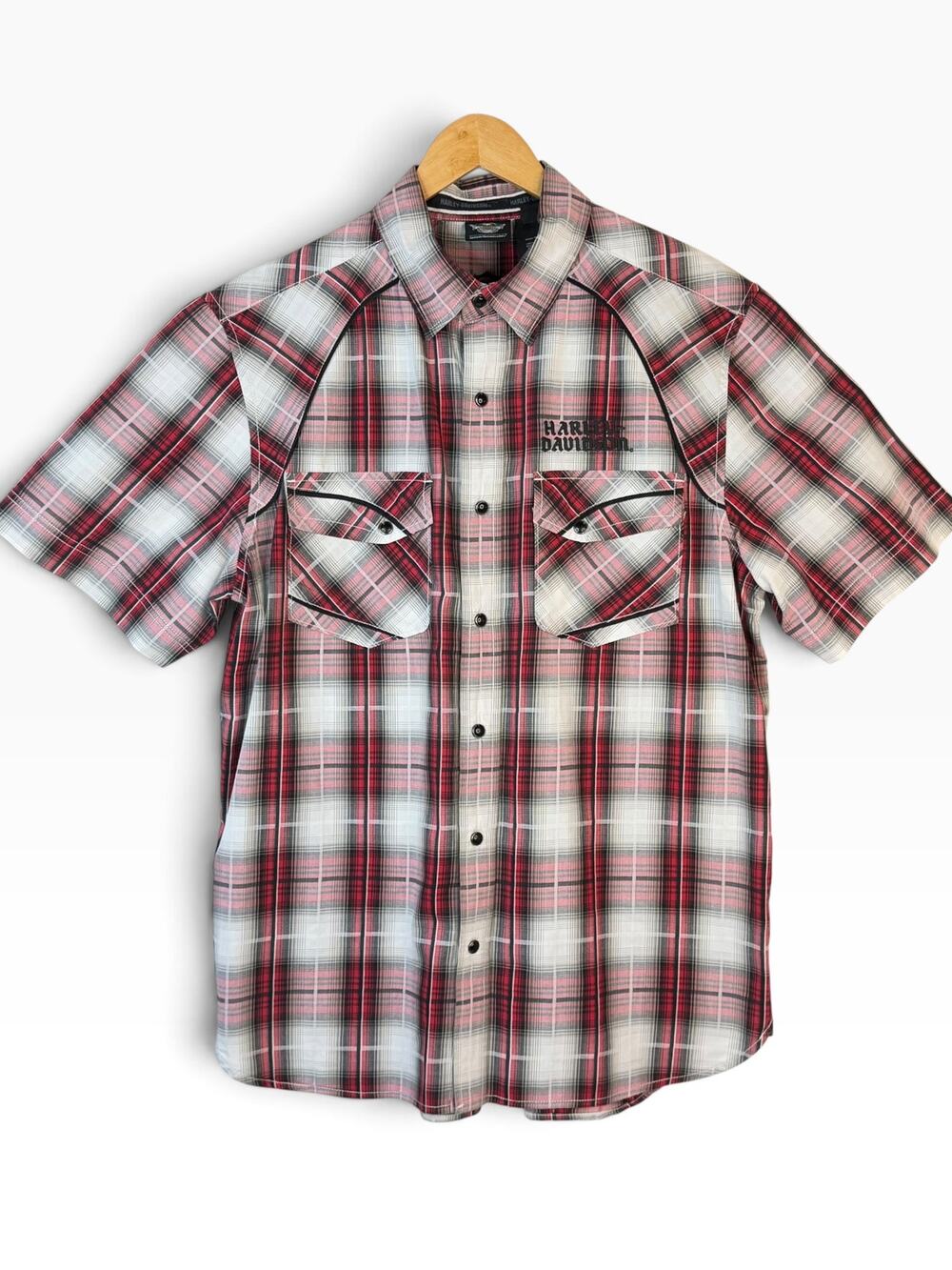 Harley Mens Pearl Snap Plaid Shirt Short Sleeve Red Black White Cotton Large